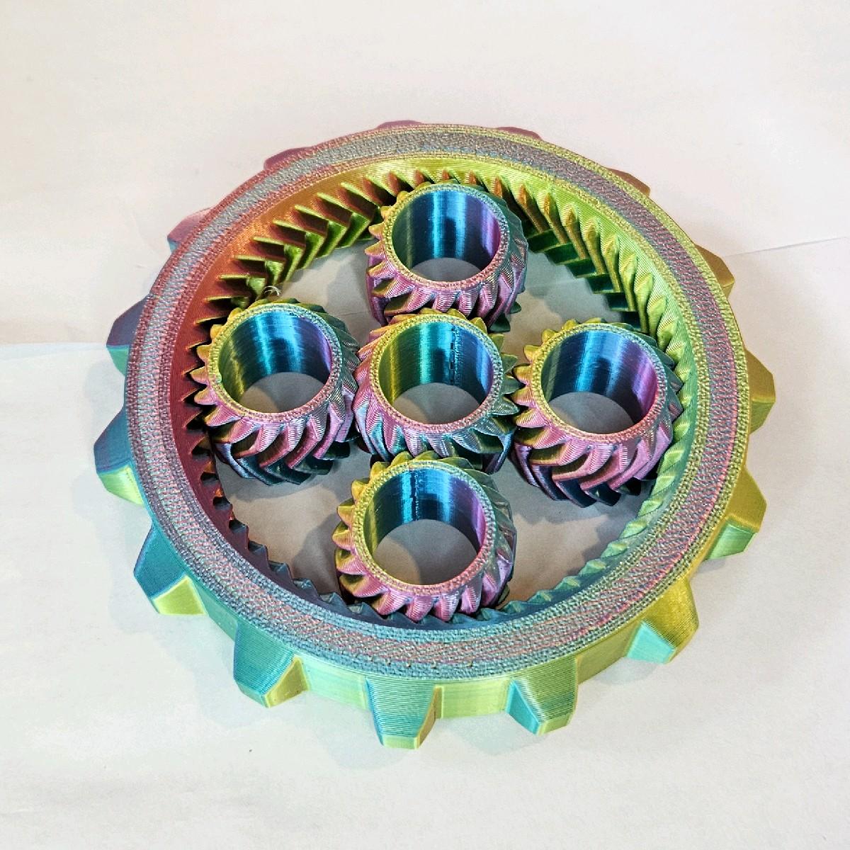 3D Printed Fidget Spinner, All Plastic, Fun for All Ages, ADHD & Autism Relief fidgetstoys - 3D printed gear-driven fidget spinner made from multicolour filament. A fully plastic sensory toy for ADHD, autism, anxiety and stress relief, suitable for all ages.