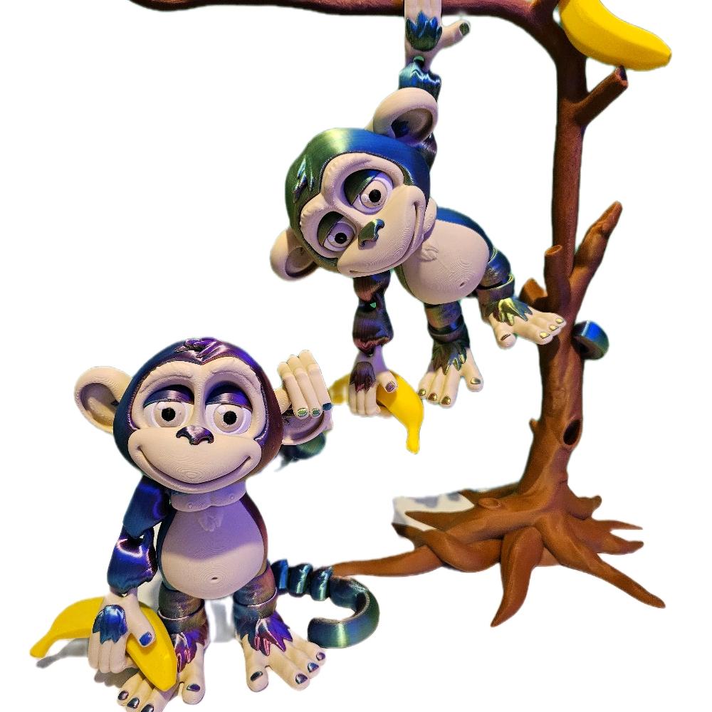 Articulated Monkey with Tree and Bananas - Multicolor Filament 3D-Printed Fidget Toy